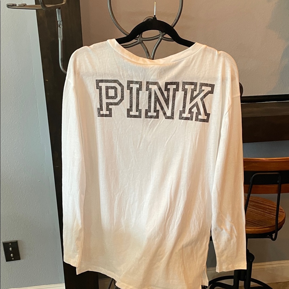 PINK Victoria's Secret White V-Neck Sparkly Long Sleeve oversized
